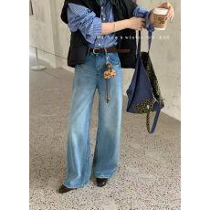 批发植绒高腰阔腿牛仔<b class='q'>裤</b>女2025冬季新款韩版宽松显瘦直筒长<b class='q'>裤</b>