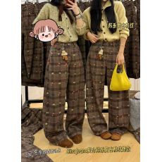 批发KEN STUDIO秋冬新款咖色格纹印花牛仔<b class='q'>裤</b>女复古加厚加绒阔腿<b class='q'>裤</b><b class='q'>裤</b>子