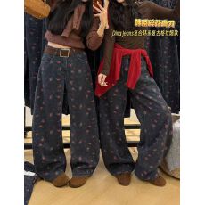 批发KAKAMEE冬款 韩系复古小碎花加绒显瘦阔腿牛仔<b class='q'>裤</b>女
