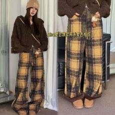 批发原伊韩国女装冬新品复古格纹加绒格子牛仔<b class='q'>裤</b>