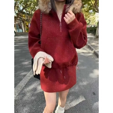 批发简约风休闲加厚抽绳设计连帽呢料卫衣+秋冬松紧A字短裙两件套