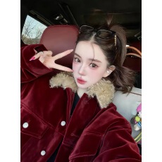 批发美式复古红色毛领<b class='q'>夹克</b>外套<b class='q'>女</b>25冬新款小个子加厚短款独特漂亮大衣