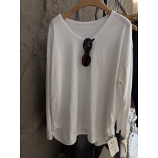 批发东大门春款新款U领纯色净版长袖T恤女宽松开叉弧度下摆后