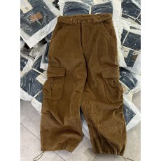 批发春款美式复古灯芯绒大口袋工装<b class='q'>裤</b>宽松阔腿显瘦咖色长<b class='q'>裤</b>女