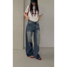 批发欧货重工钉珠高腰直筒牛仔<b class='q'>裤</b>女2026春季新款设计感宽松阔腿<b class='q'>裤</b><b class='q'>长裤</b>