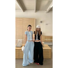 批发2026春款韩系定制拉条上衣+阔腿裤套装两件套