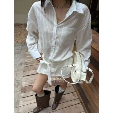 批发BaiYaShan/白娅衫 轻熟简约设计感<b class='q'>条纹</b>系带翻领衬衫宽松休闲上衣