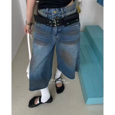 批发十三行2026春季新款设计感双腰头重工做旧<b class='q'>牛仔</b>七分<b class='q'>裤</b>中<b class='q'>裤</b><b class='q'>阔腿裤</b>女