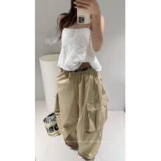 批发美式辣妹腰头设计大口袋松紧抽绳腰宽松阔腿工装<b class='q'>裤</b>爵士跳舞休闲<b class='q'>裤</b>