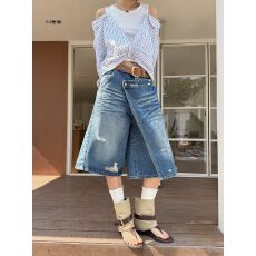 批发新款设计感复古泼墨不规则七分<b class='q'>牛仔</b><b class='q'>裤</b>（配皮带）