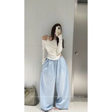 批发韩国东大门代购INS26春 洋气潮酷高腰磨白显瘦阔腿休闲<b class='q'>裤</b>长<b class='q'>裤</b>女