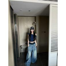 批发2026春夏新款韩版宽松休闲百搭设计感复古泼墨双腰头<b class='q'>牛仔</b><b class='q'>裤</b>