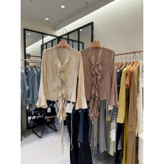 批发2026春季新款  时尚百搭修身荷叶边飘带V领<b class='q'>衬衣</b>