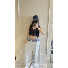 批发复古格纹拼接设计感抽绳卫<b class='q'>裤</b>阔腿宽松显瘦百搭休闲<b class='q'>裤</b>