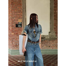 批发新款时尚百搭宽松设计感腰带边牛仔外套女宽松上衣女