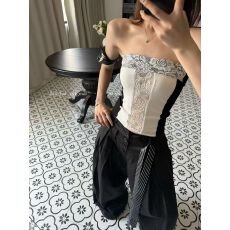 批发新款佩斯利花纹蕾丝弹力拼色抹胸内搭背心+休闲裤套装