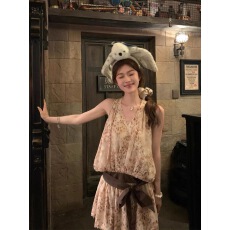 批发夏季法式无袖粉色豹纹<b class='q'>连衣裙</b>女高级感雪纺薄款海边度假绑带短裙