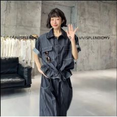 批发港式复古牛仔女夏季设计感短袖抽绳衬衫束脚阔腿<b class='q'>裤</b><b class='q'>两件套</b>时尚宽松