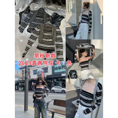 批发复古撞色条纹抹胸T恤女秋款短长袖显瘦气质上衣