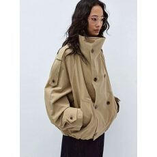 秋款新品漏斗领短款双排扣长袖花苞风衣外套女