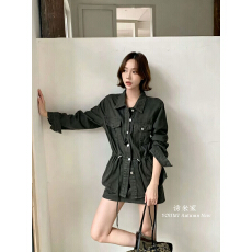 批发26年<b class='q'>秋</b>季上新牛仔衬衫抽绳收腰风衣外套A字短裙复古两件套工装