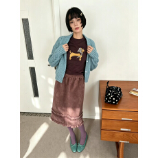 批发Doubleseven2026秋季新款木耳边鹿皮绒半身裙女松紧腰中裙五分裙