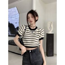 批发港味韩系<b class='q'>黑白条纹</b>短袖针织衫女春新款镂空宽松显瘦短款上衣