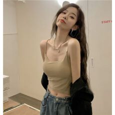 批发【带胸垫】港风小<b class='q'>吊带</b><b class='q'>背心</b>女夏卡其色美背<b class='q'>文胸</b>一体泰<b class='q'>式</b>带胸垫上