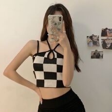 批发2026夏季辣妹挂脖美背<b class='q'>棋盘</b><b class='q'>格</b>吊带背心女小众背心裹胸抹胸女