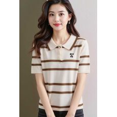 批发2026夏季韩版百搭新款时尚翻领半开胸扭结刺绣条纹短袖冰爽丝针织