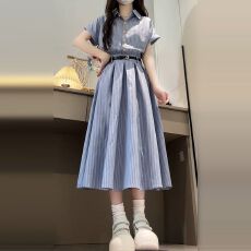 批发韩系学院风<b class='q'>衬衫</b><b class='q'>连衣裙</b>子女装独特漂亮掐腰裙夏季2026新款收腰长裙