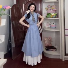 批发法式<b class='q'>气质</b>蓝色<b class='q'>衬衫</b>连衣裙子女夏季2026新款高级感收腰显瘦a字长裙