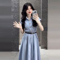 批发韩系学院风<b class='q'>衬衫</b><b class='q'>连衣裙</b>子女装独特漂亮掐腰裙夏季2026新款收腰长裙