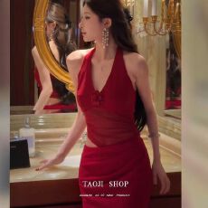 批发纯欲高级感网纱<b class='q'>拼接</b>挂脖<b class='q'>连衣裙</b>2026夏季新款收腰时尚气质长裙女潮