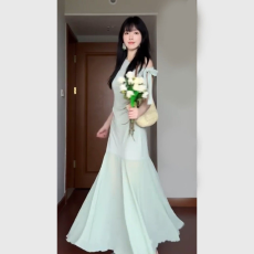 批发法式绿色<b class='q'>网纱</b>拼接连衣裙子女夏季2026新款气质绝美高级感包臀长裙