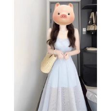 批发法式蓝色吊带连衣裙女夏季新款领证<b class='q'>礼服</b>度假海滩气质收腰显瘦<b class='q'>长裙</b>