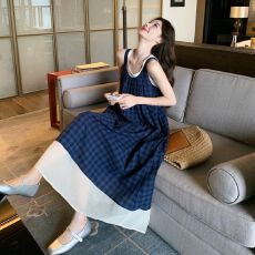 批发蓝色格子无袖连衣裙法式文艺风森系复古小清新度假吊带<b class='q'>背心</b><b class='q'>长</b>裙