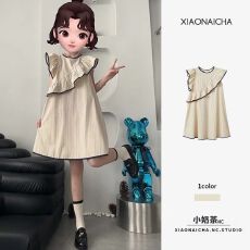 批发法式条纹小飞袖连衣裙女夏不规则荷叶边<b class='q'>背心</b>裙宽松小个子娃娃裙子