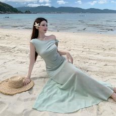 批发法式绿色<b class='q'>网纱</b>拼接连衣裙子女夏季2026新款气质绝美高级感包臀长裙