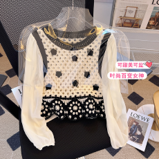 批发2026春秋新款韩版复古重工<b class='q'>花朵</b>镂空针织雪纺拼接长袖上衣女