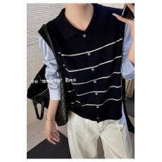 批发2026年新款春夏韩系假两件条纹拼接<b class='q'>衬衣</b>袖<b class='q'>百搭</b>时尚针织开衫女