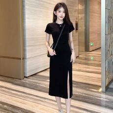 批发黑色连衣裙女夏季短袖气质开叉长裙2026<b class='q'>新款</b>收腰显瘦褶皱修身裙子