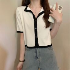 批发夏季新款V领冰丝T恤女薄款短袖针织开衫显瘦设计感短款别致上衣潮