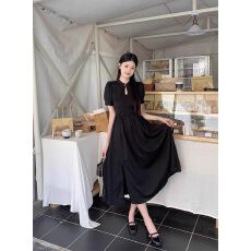 批发新中式国风改良旗袍短袖<b class='q'>连衣裙</b>女夏季气质收腰显瘦黑色<b class='q'>开叉</b>长裙子