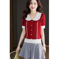 批发2026年夏季韩版<b class='q'>甜美</b>减龄娃娃领拼色排扣设计百搭冰爽丝针织短袖女