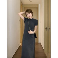 批发纸片人垂感<b class='q'>连衣裙</b>女2026夏<b class='q'>短袖</b>显瘦高级感收腰T恤裙显瘦长裙