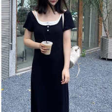 批发针织假两件垂坠感显瘦黑色休闲<b class='q'>连衣裙</b>名媛高级感夏季懒人长款裙子
