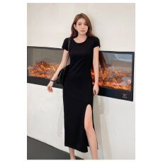 批发夏季气质优雅修身显瘦中长裙新款韩版圆领短袖侧开衩针织<b class='q'>连衣裙</b>女