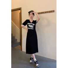 批发夏季女装茶里茶气长裙时尚百搭遮肉显瘦字母印花Polo领开叉<b class='q'>连衣裙</b>