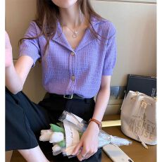 慵懒紫色冰丝针织衫女2026夏季新款韩版宽松薄短袖t恤百搭上衣潮